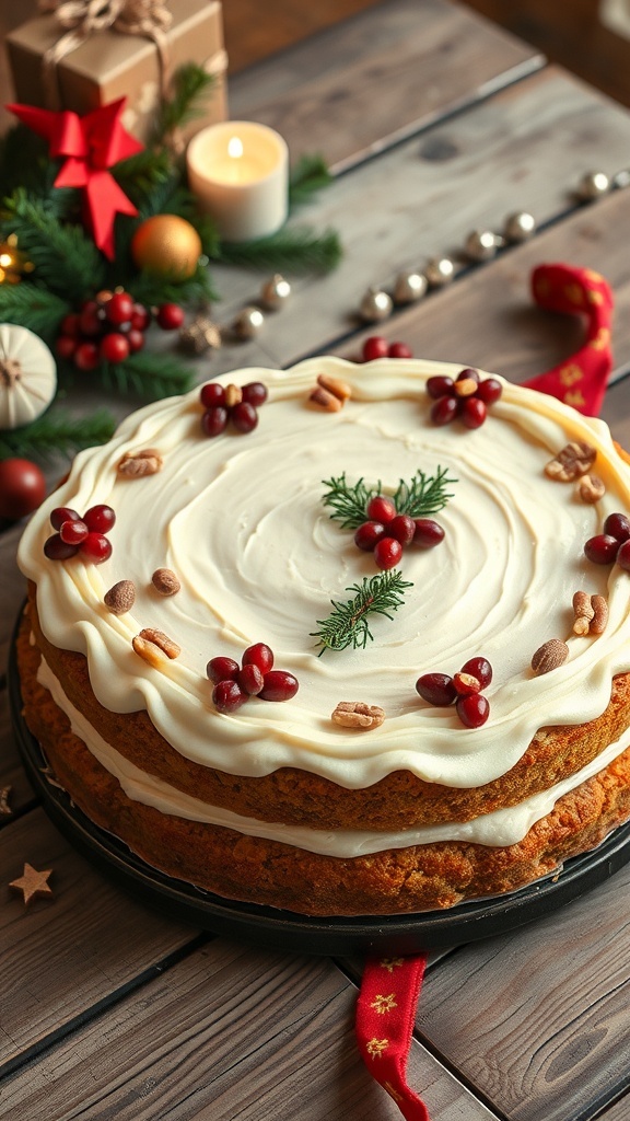 A classic Christmas cake in a 9x13 pan, decorated with icing and fruits, ready for serving during the holiday season.